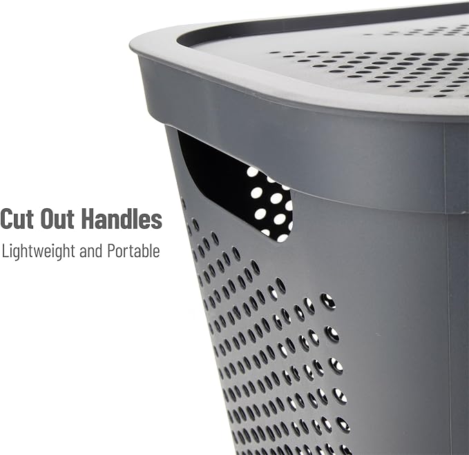 Mind Reader 60L Slim Laundry Hamper, Clothes Basket, Lid, Ventilated, Plastic, Set of 2, Gray - Image 4
