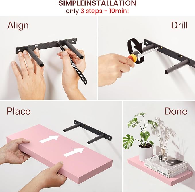 BAYKA Pink Floating Shelves for Wall Set of 3, 15.7in Wood Wall Shelves for Bathroom, Bedroom, Living Room Decor Organize, Hanging Shelf for Books/Storage/Display with 22lbs Capacity - Image 5