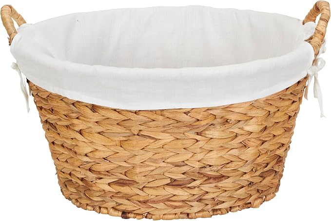 Household Essentials Round Wicker Laundry Basket with Handles, Whimsical Water Hyacinth Basket, Supportive Metal Frame, Removable Polyester Liner, Handwoven, Well-Structured and Versatile, Natural by HouseholdEssentials