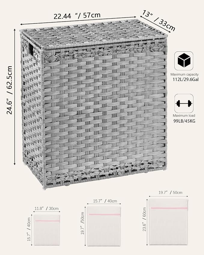 SETVSON Laundry Hamper with Lid Wicker Laundry Basket 112 L (29.6 Gal) Laundry Hampers Handwoven Rattan Clothes Hamper with Handles 3 Removable Liner Bag, 6 Mesh Bags for Bathroom Bedroom Gray - Image 5