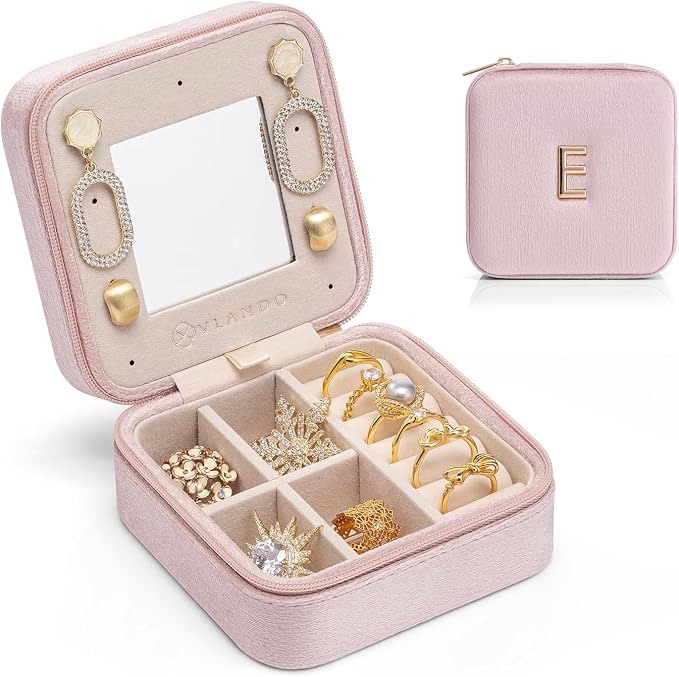Vlando Small Travel Jewelry Box Organizer Display Case for Rings Earrings Necklaces Storage, Selected Soft Velvet, Letter E Engraved, Pink by VLANDO