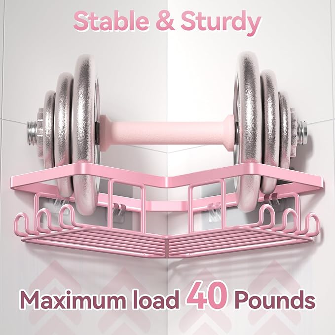 YASONIC Corner Adhesive Shower Caddy, with Soap Holder and 12 Hooks, Rustproof Stainless Steel Bathroom Organizer, No Drilling Wall Mounted Rack, Pink, 3-Pack - Image 2