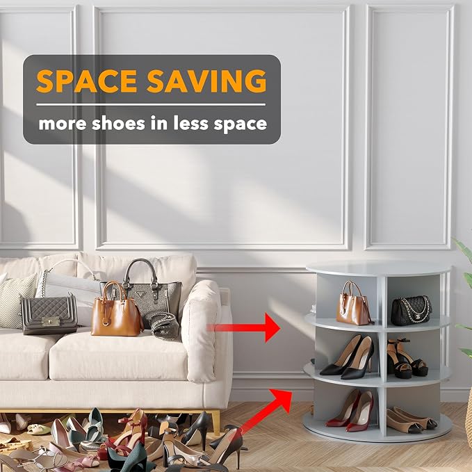 SpaceAid 3 Tier Rotating Shoe Rack Tower, Spinning Shoe Display Lazy Susan, Revolving 360 Shoe Rack Storage Round Carousel, Vertical Handbag Rotate Shoes Closet Organization (3-Tier Gray) - Image 3