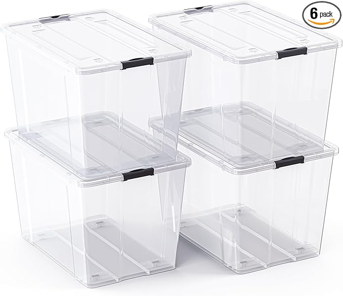 Lifetime Appliance Parts 4 PACK 97 Qt. Plastic Storage Bin Tote Organizing Container with Ultra Durable Lid & Secure Latching Buckles Stackable Extra Strength Clear w/Black Handle