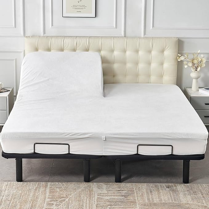 Kingnex Waterproof Partial Split Top Cal King Mattress Protector for Adjustable Bed with 32-34" Upper Flex Head Noiseless Soft Bamboo Viscose Terry Fitted Mattress Cover