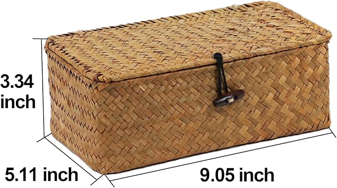 Wicker Storage Basket with Lid, Natural Seagrass Storage Baskets for Organizing, Rectangular Woven Basket for Storage, Decorative Boxes Bins with Lids Home Organizer Decor - Image 4
