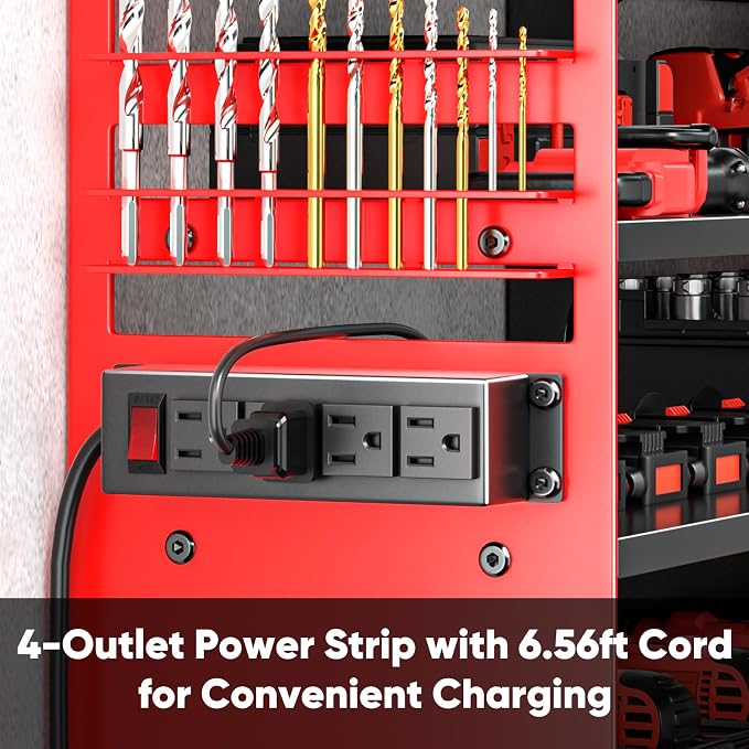 POKIPO Large Power Tool Organizer Wall Mount with Charging Station,4 Layer Heavy Duty Metal Tool Storage Shelf Loads 600lbs,Battery Utility Rack With 4 Outlet Power Strip with 8 Cordless Drill Holder - Image 3