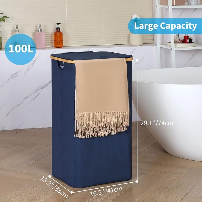 efluky Laundry Basket with Lid and Removable Bag, 100L Tall Laundry Hamper with Bamboo Handles, Aesthetic Dirty Clothes Bin for Laundry Room, Bathroom, Bedroom and Dorm, Blue - Image 3
