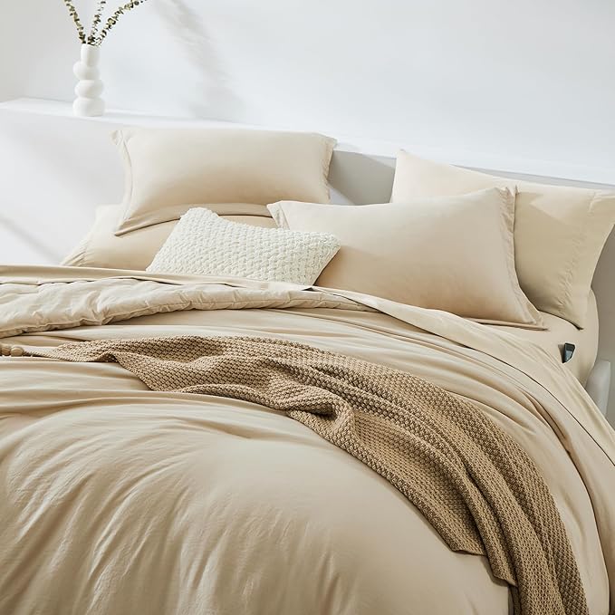 WRENSONGE King Size Comforter Set, 7 Pieces Beige Soft Bed in a Bag King with Fitted Sheet, Flat Sheet, 2 Pillow Shams, and 2 Pillowcases- Warm Bedding Set for All Season