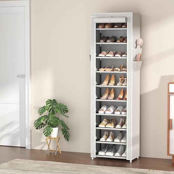 VTRIN Vertical Narrow Shoe Rack Organizer Tall Shoe Rack for Closet Entryway 10 Tier Non-Woven Cover Shoe Shelf Holds 20-22 Pairs Free Standing Shoe Storage Cabinet with Dustproof Cover, Multi Color - Image 2