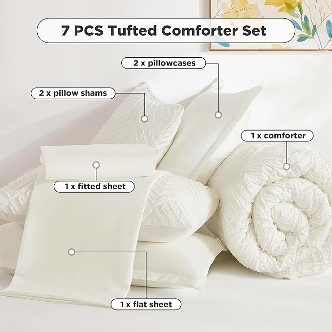 Andency Super King Comforter Set Ivory - 7 Pieces Bed in a Bag Super King Bedding Comforter Sets, Tufted Lightweight Fluffy Bed Set with Comforter, Sheets, Pillowcases & Shams