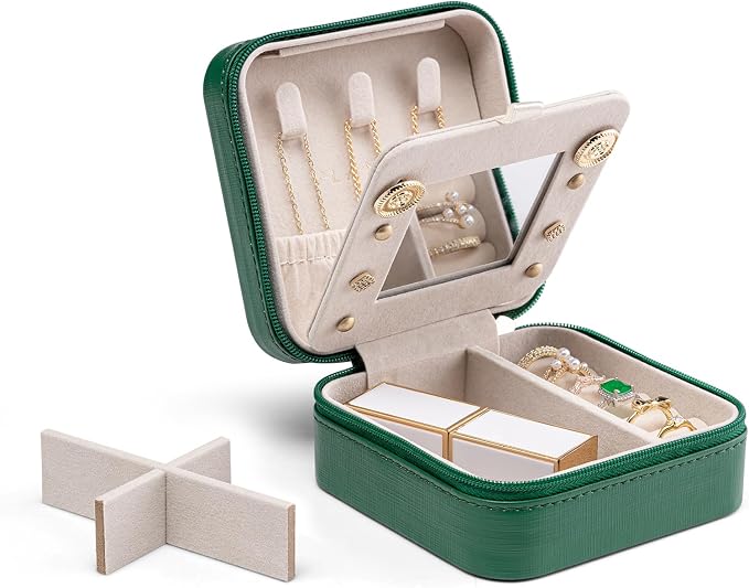 Vlando Small Travel Jewelry Box Organizer - Mirrored Jewelries Necklaces Rings Earrings Necklace Storage Case, Dark Green by VLANDO