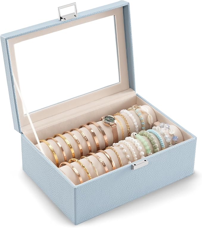 Lolalet Bracelet Display Holder with Rods for Bangles Watches, Clear Lid Jewelry Organizer Box Storage Case for Mothers Day Gifts -Blue, 2 Rolls by Lolalet