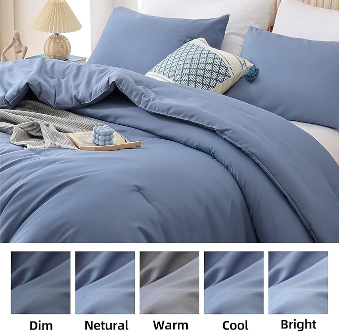 ROSGONIA California King Comforter Set Slate Blue, 3pcs (1 Boho Blue Cal King Comforter & 2 Pillowcases) All Season Lightweight Bedding Blanket Quilt