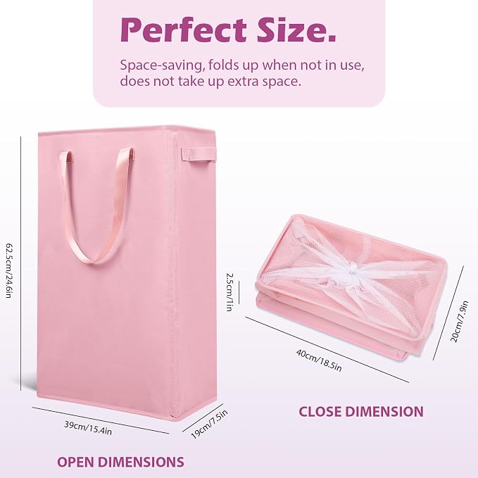 Odonata Slim Laundry Hamper Handles Collapsible Laundry Basket Thin Dirty Clothes Basket Narrow Laundry Bag Foldable Dirty Hamper 45L (Pink) - Image 2