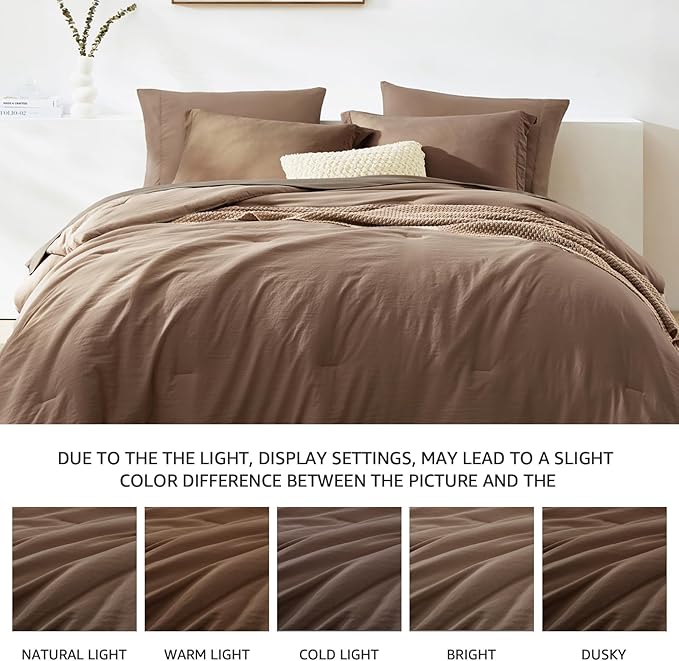 WRENSONGE Full Size Comforter Sets, 7 Pieces Soft Brown Bed in a Bag with Fitted Sheet, Flat Sheet, 2 Pillow Shams, 2 Pillowcases, Warm Bedding Sets for All Season