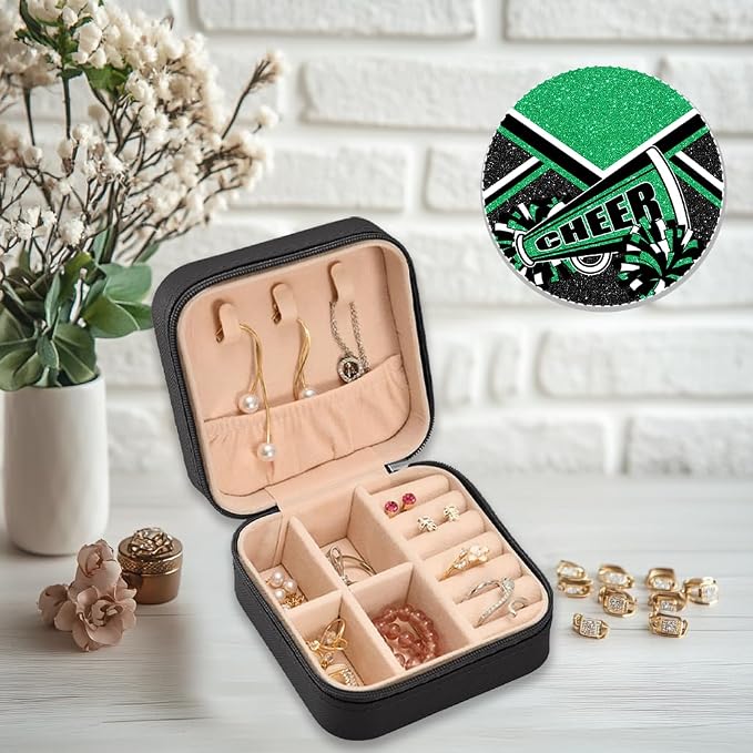 Cheerleader Travel Jewelry Case, Cheer Travel Jewelry Box for Women, Mini Jewelry Travel Case for Cheer Team, Cheerleader Gifts for Girls (Green) - Image 3