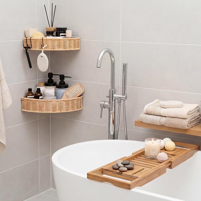 GRANNY SAYS 2 Pack Wicker Corner Shower Caddy Hanging, Shower Shelf for Inside Showers, Adhesive Shelves for Bathroom Organizers and Storage, Bathroom Shelves Wall Mounted for Home Decor, Natural - Image 6