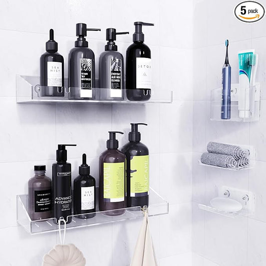 Bakzon Adhesive Shower Caddy, 5 Pack Acrylic Shower Shelves Bath Organizers With Large Capacity, No Drilling Shelves for Bathroom Storage by BAKZON