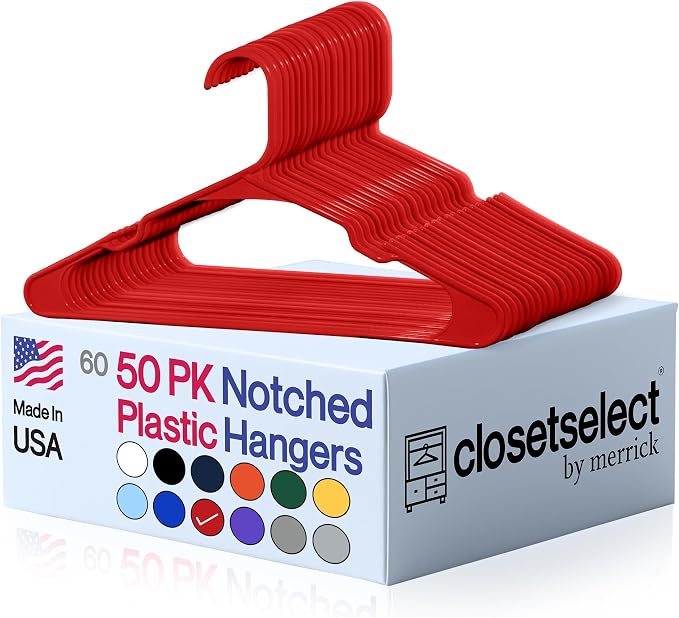 Closetselect Plastic Hangers 50 Pack - Space Saving Clothes Hangers, Made in USA, Durable & Strong Plastic Shirt & Coat Hanger with Notches & Shoulder Grooves, Non-Slip Clothing Hangers | Red Engine by closetselect