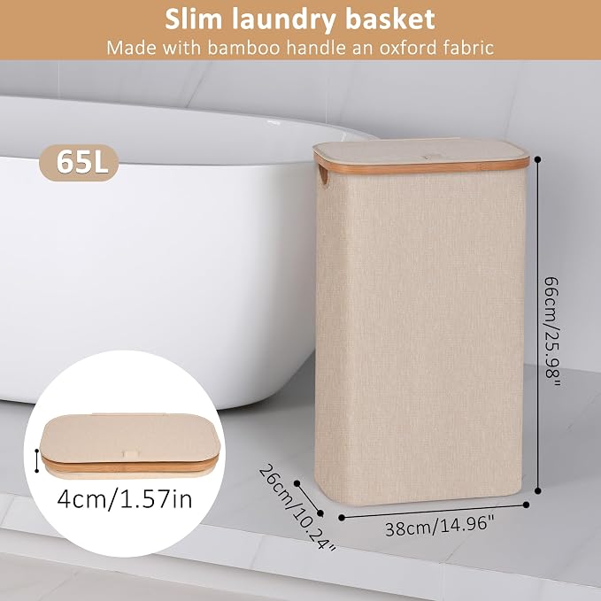 iEGrow 65L Slim Laundry Hamper, Narrow Laundry Basket with Lid,Foldable Clothes Hamper with Bamboo Handles,Hamper Basket with Removable Inner Bag for Laundry Room Bedroom College Dorm,Oatmeal - Image 2