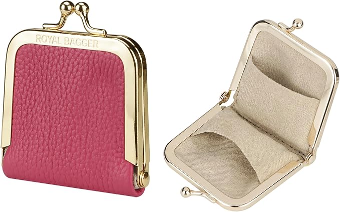 Royal Bagger Genuine Cow Leather Ultra-Slim Mini Jewelry Box, Ring & Necklace Storage, Slim Coin Purse with Kiss Lock for Women 3120 (Watermelon Red) by ROYALBAGGER