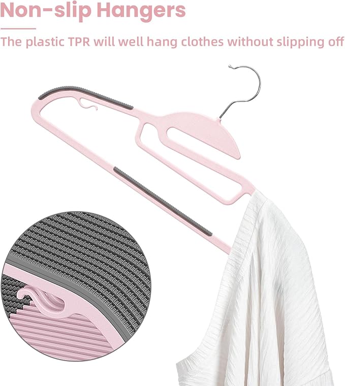 BAGAIL Plastic Hangers 50 Pack with Non-Slip Design,0.2 Inches Thick, 360°Swivel Hook Space Saving Organizer for Bedroom Closet,Shirts,Pants(Pink- S Shaped) - Image 3