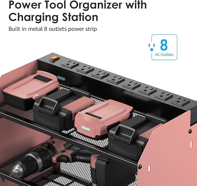 CCCEI Modular Power Tool Organizer Wall Mount with Charging Station. Garage Drill Storage Shelf with Hooks, Heavy Duty Rack, Tool Battery Holder Built in 8 Outlet. Gift for Men. Pink, 1 Pack. - Image 2