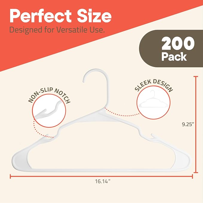 White Plastic Hangers 200 Pack– Heavy-Duty Plastic Hangers Slim and Space-Saving, Durable and Lightweight PP with Non-Slip Shoulder Notches for Slip Dresses, Suits, Jackets & Camisoles - Image 2