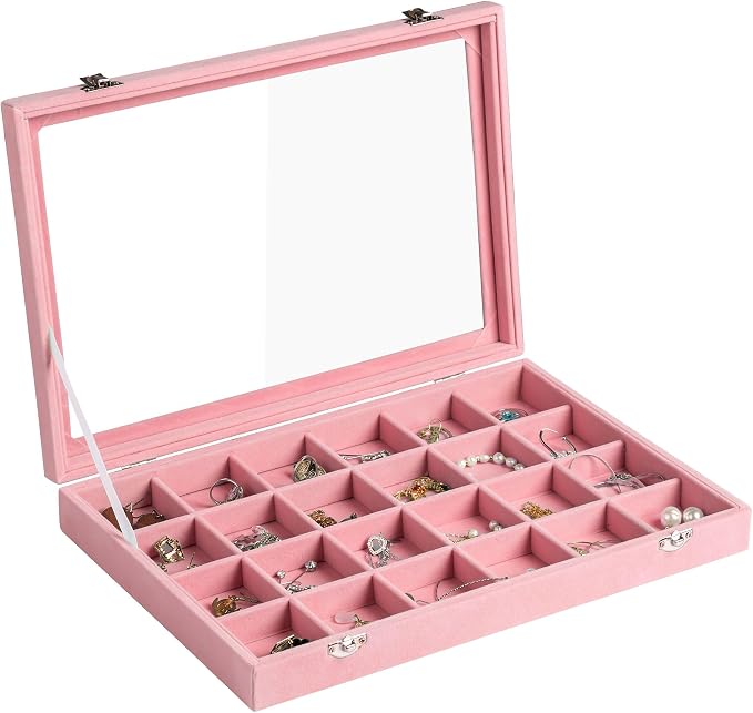 Frebeauty Velvet Jewelry Tray,24 Grid Jewelry Organizer with Clear Lid,Earring Holder Organizer with Clasp,Drawer Insert Rings Pendants Brooches,13.8 x 9.5 x 2 Inches,Gift for Women(Pink) by Frebeauty