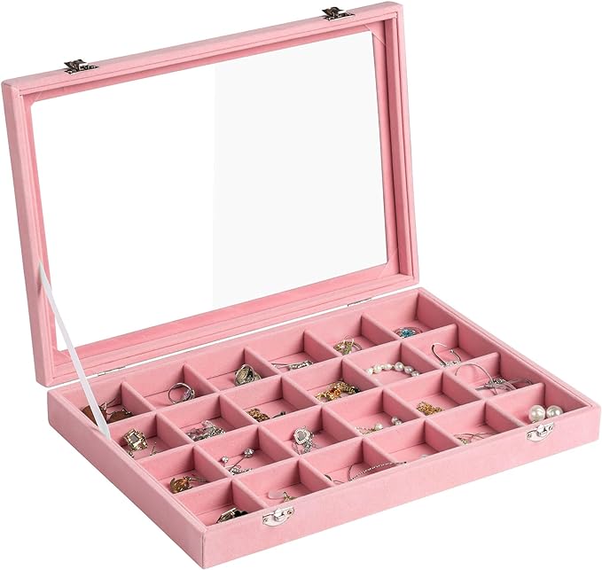 Frebeauty Jewelry Organizer Tray with Clear Lid 24 Grid Velvet Drawer Insert Jewelry Storage box with Transparent Glass lid Jewelry Display Case with Lock Gifts for Girls Women (Pink, 24 Grid) by Frebeauty