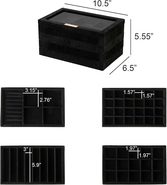 Frebeauty Stackable Jewelry Trays, Velvet Drawer Jewelry Organizer with Glass Lid,5 in 1 Multi-Functional Jewelry Storage for Earrings Necklaces Rings, 10.5 x 6.5 x 5.55 Inches Gift for Women(Black) - Image 3
