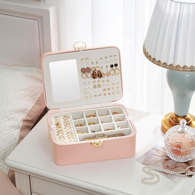 Lolalet 2 Layer Jewelry Box with Lock and Key for Teen Girls & Young Women, Jewelry Organizer Case with Round Clasp and Mirror for Earrings Rings Necklaces Storage, Gift Idea -Lightpink - Image 6