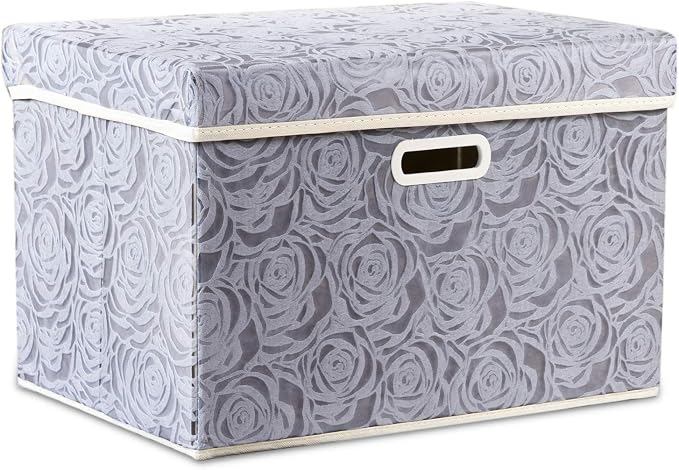 PRANDOM Larger Collapsible Storage Box with Lid [1-Pack] Fabric Decorative Storage Bin Cube Organizer Container Basket with Cover Handles for Bedroom Closet Living Room Gray 17.7x11.8x11.8 Inch by Prandom