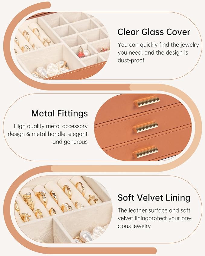 AKOZLIN Jewelry Box with Clear Lid Functional Leather Jewelry Storage Organizer Case 3 Drawers for Women Girls Necklace Ring Bracelet Earring - Image 2