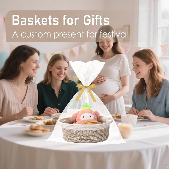 JMvicyroam Woven Basket,Small Rope Storage Bin with Handles & Ribbon Bag, Organizer for Shelves Closets,Gift Basket Empty for Birthday,Books,Dog Toys, White&Oatmeal/3 Pack - Image 4