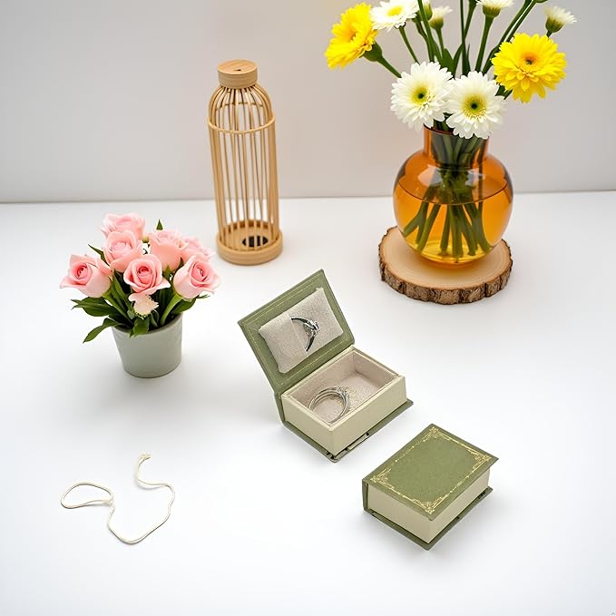 Book Shaped Ring Box - Vintage Engagement Ring Box with Hinged Lid for Proposal Engagement Wedding, Proposal Ring Case-PRB012-Green - Image 3