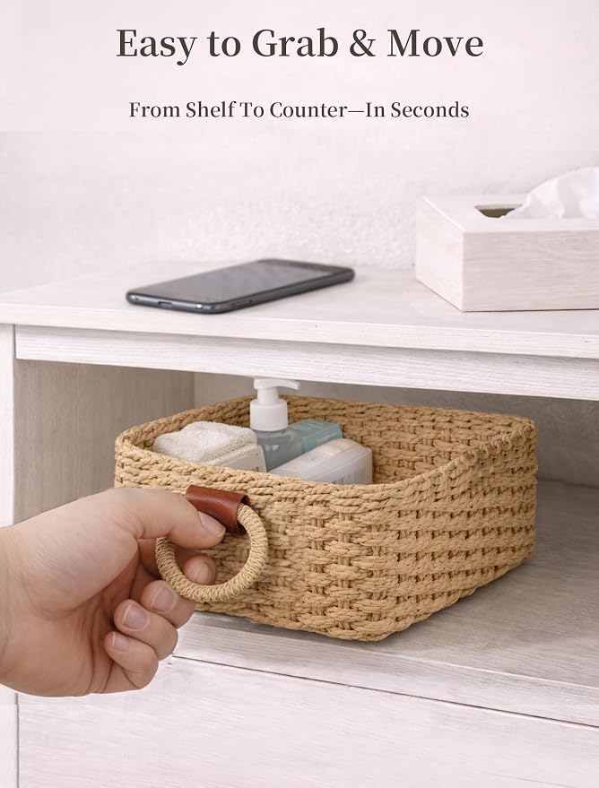 Storage Basket, Recycled Paper Rope Basket Organizer, 3Pcs Small Baskets for Organizing, Mini wicker Basket for Decorative Storage Bins, Shelves, Cabinet - Brown - Image 5