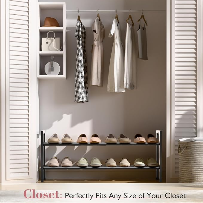 Bumusty 2 Tier Expandable Shoe Rack for Closet, 18“-33” Adjustable Shoe Rack for Small Space, Small Shoe Organizer for Front Door, Sturdy Metal, Black - Image 2