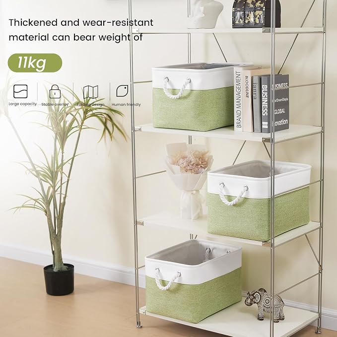 Large Storage Baskets- 15x11x10 inch Storage Bins for Shelves and Closet Organizing, Foldable Fabric Bin for Home Organization Clothes and Laundry (1-Pack, White&Green) - Image 3