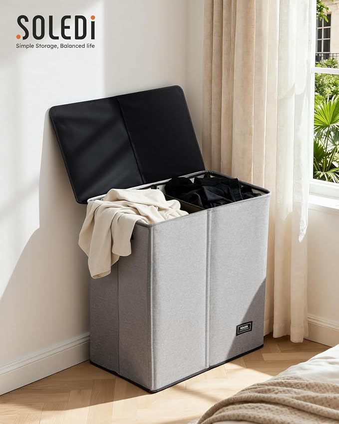 SOLEDI Large Double Laundry Hamper with Lid,165L Collapsible Clothes Hamper 2 section with Removable Bags, Space-Saving Laundry Basket for Bedroom, Dorm, College - Image 7