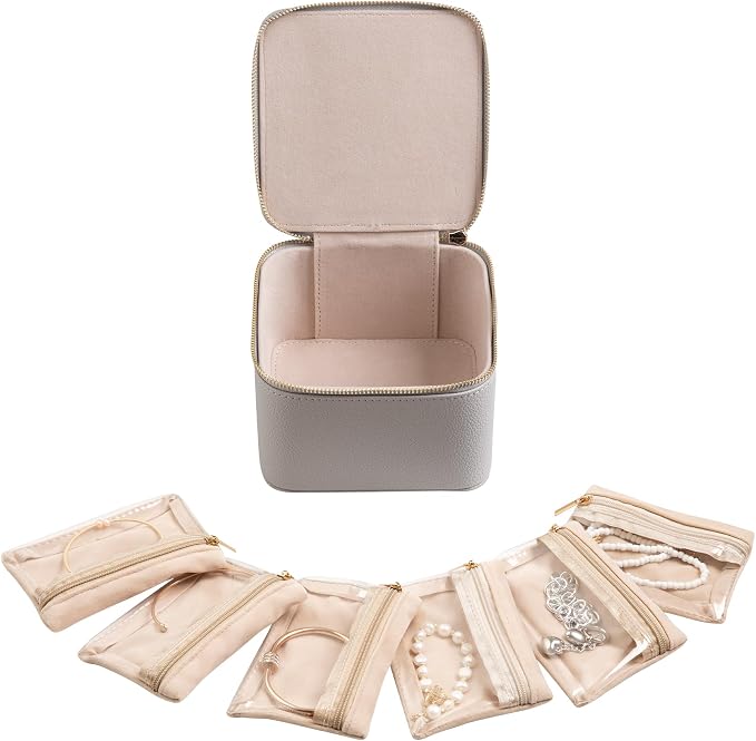 Frebeauty Small Travel Jewelry Box,Travel Jewelry Case with 6 Pouch Bags,Portable Travel Jewelry Organizer,Mini Jewelry Storage,3.35 x 4.9 x 4.8 Inches,Gift Idea for Women Girls (Grey) by Frebeauty