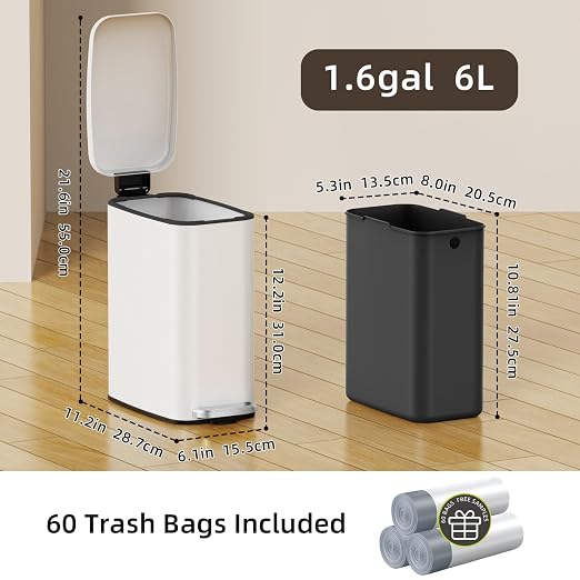 KSSKSS Small Bathroom Trash Can with Lid Soft Close, Step Pedal, 6L / 1.6 Gal Stainless Steel Garbage Bin with Removable Inner Bucket, Slim Wastebasket for Narrow Spaces (White) - Image 6