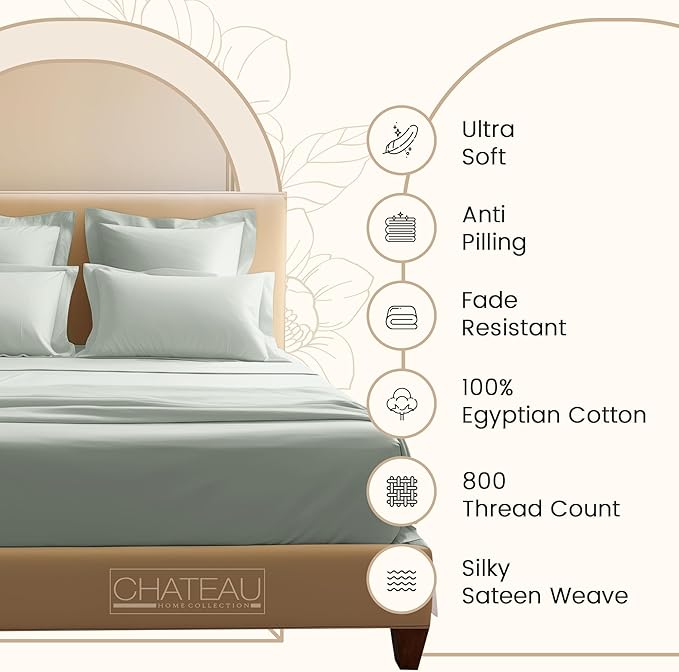 King Bed Sheets Deep Pocket King Sheet Set, 800 Thread Count Sateen Weave Long Staple Fully 15" Deep Elasticated Egyptian Cotton Sheet & Pillowcase sets, Naturally Breathable Cotton Bedding - Mineral