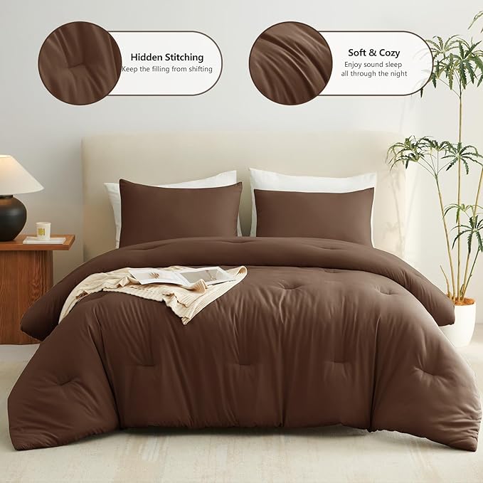 CozyLux King Size Comforter Set Brown, 3 Pieces Solid Comforters King Size Breathable Quilted Bedding Sets, Luxury Soft Lightweight Bed Set with Down Alternative Comforter and 2 Pillowcases All Season