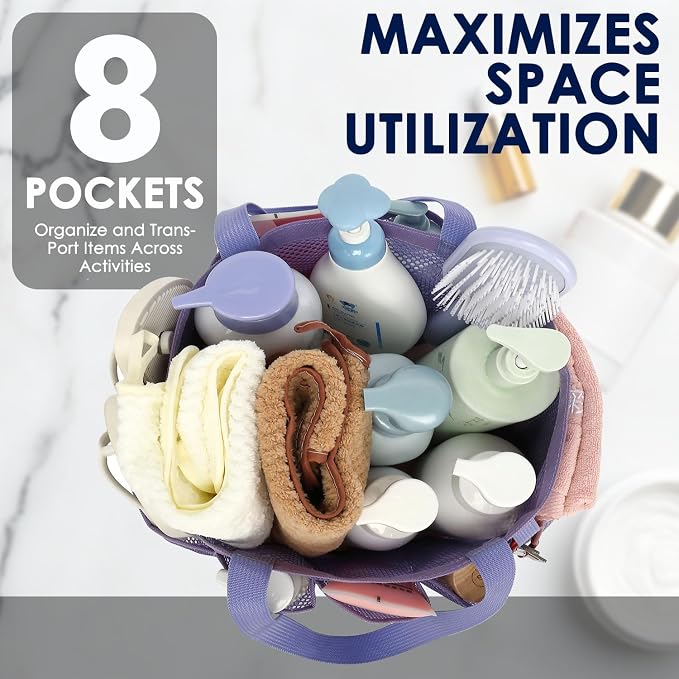 GYEUKHAM Large Mesh Shower Caddy Portable with 8-Pocket for College Dorm Room Essentials,Quick-Dry Handing Shower Basket Tote Bag for Toiletry, Bathroom,Beach,Camp,Gym,Purple - Image 3