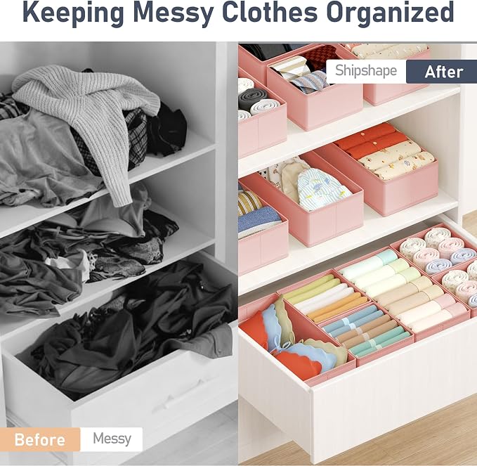 DIMJ Drawer Organizers Clothes, Set of 16 Dresser Organizer Bins, Fabric Closet Organizers and Storage, Shallow Drawer Dividers for Nursery, Clothing, Baby Clothes, Socks, Underwears, Tie (Pink) - Image 6