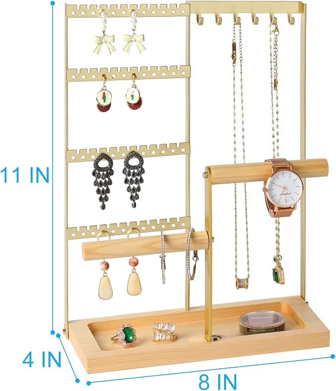 Jewelry Organizer Stand, Jewelry Holder, Lengnoy 4 Tier Earring Holder with 48 Holes and 6 Hooks Necklace Organizer Wood Box for Necklace Bracelet Earring Ring, Gold - Image 5