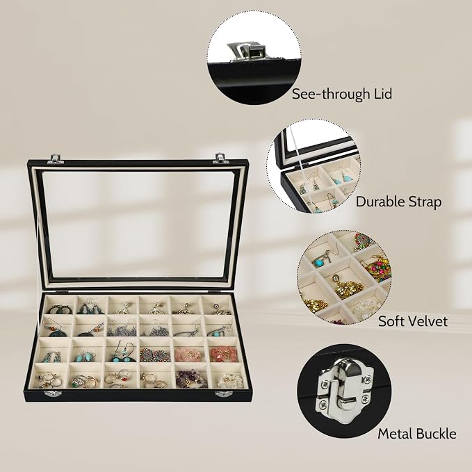Stratalife Jewelry Tray 24 Grid Earring Organizer with Clear Lid Jewelry Holder Organizer Jewelry Organizer Box Jewelry Storage Crystal Holder For Stones Display (Beige Black) - Image 5