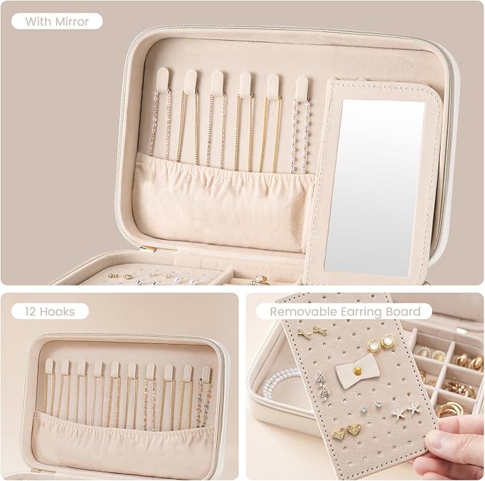 Lolalet Travel Jewelry Case for Women Girls, Travel Jewelry Organizer Box with Mirror & Clear Storage Bag, Small Portable Earring Necklace Bracelet Ring Case, Birthday Valentine Gifts -Medium, White - Image 5